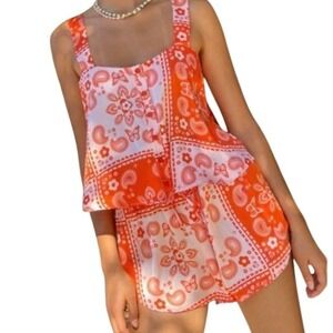 Lisa Says Gah Bandana Print Two Piece Set Orange White Crop Top Shorts XS